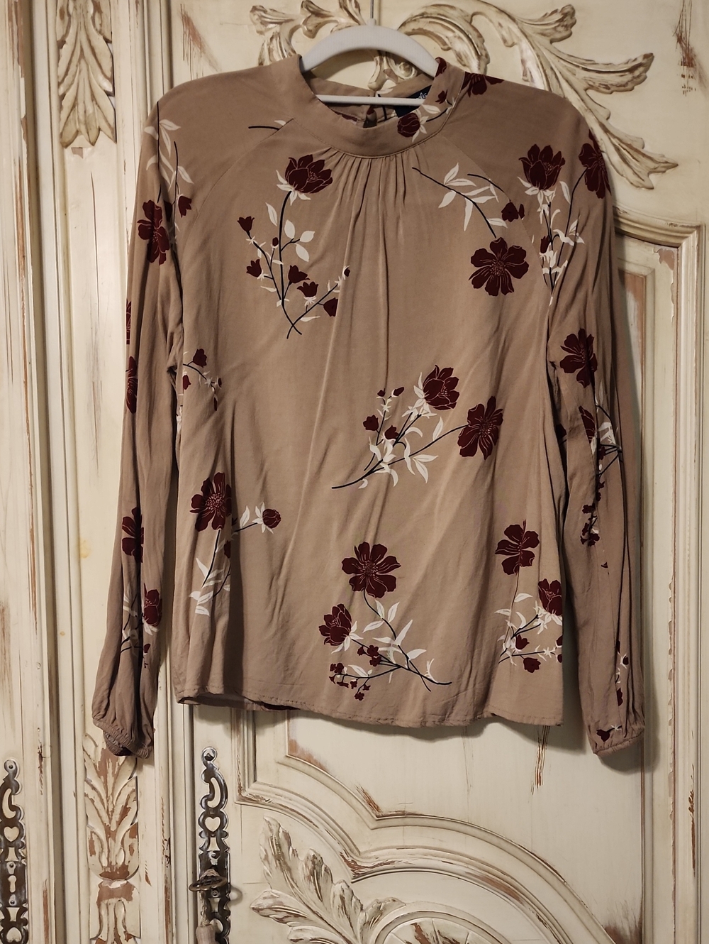 Angels Taupe Long-Sleeve Floral Top with Burgundy Accents